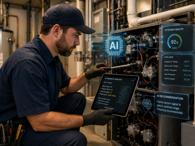 HVAC technician uses AI-powered diagnostic software on a tablet while servicing a heating system, combining hands-on expertise with real-time equipment analysis.